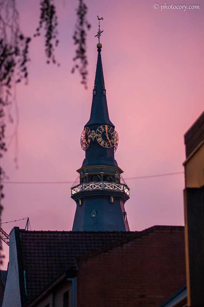 The tower of St. Quentin's Cathedral at sunset